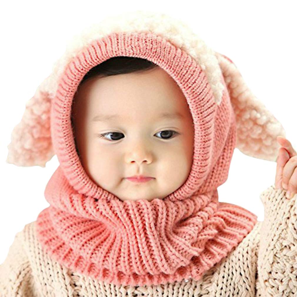 AIDIER Baby Girls Boys Winter Earflp Hat Baby Cute Bunny Beanie Thermal Thicken Knit Hat Scarf Cold Weather Warm Hood Cap for Kids 6-36 Months Pink