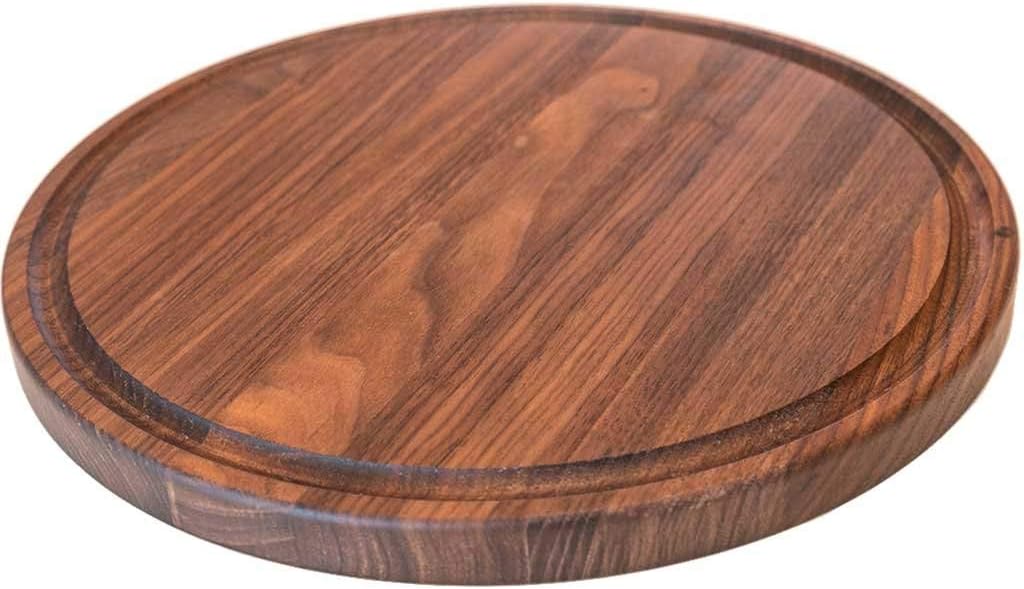 Round Wood Cutting Board by Virginia Boys Kitchens - 10.5 Inch American Walnut Cheese Serving Tray and Charcuterie Platter with Juice Drip Groove