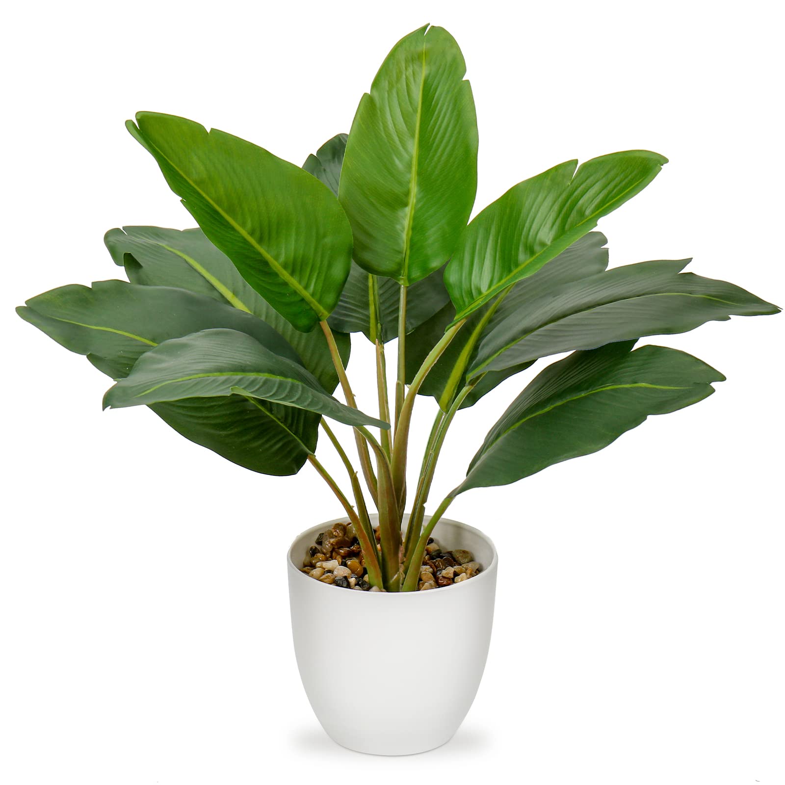 Photo 1 of Hollyone Artificial Bird of Paradise Plant in Pot, Fake Palm Tropical Potted Plant 15" Faux Plantain Banana Leaf Plant for Indoor Outdoor Home Desk Office Garden Decoration