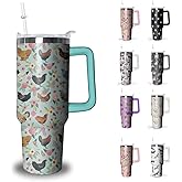 Chicken Tumbler with Handle and Straw, 40 oz Stainless Steel Pink Insulated Cup with Lid and Straw,Travel Coffee Mug Water Bottle, Birthday Christmas Mothers Day Gifts for Animal Lovers Women