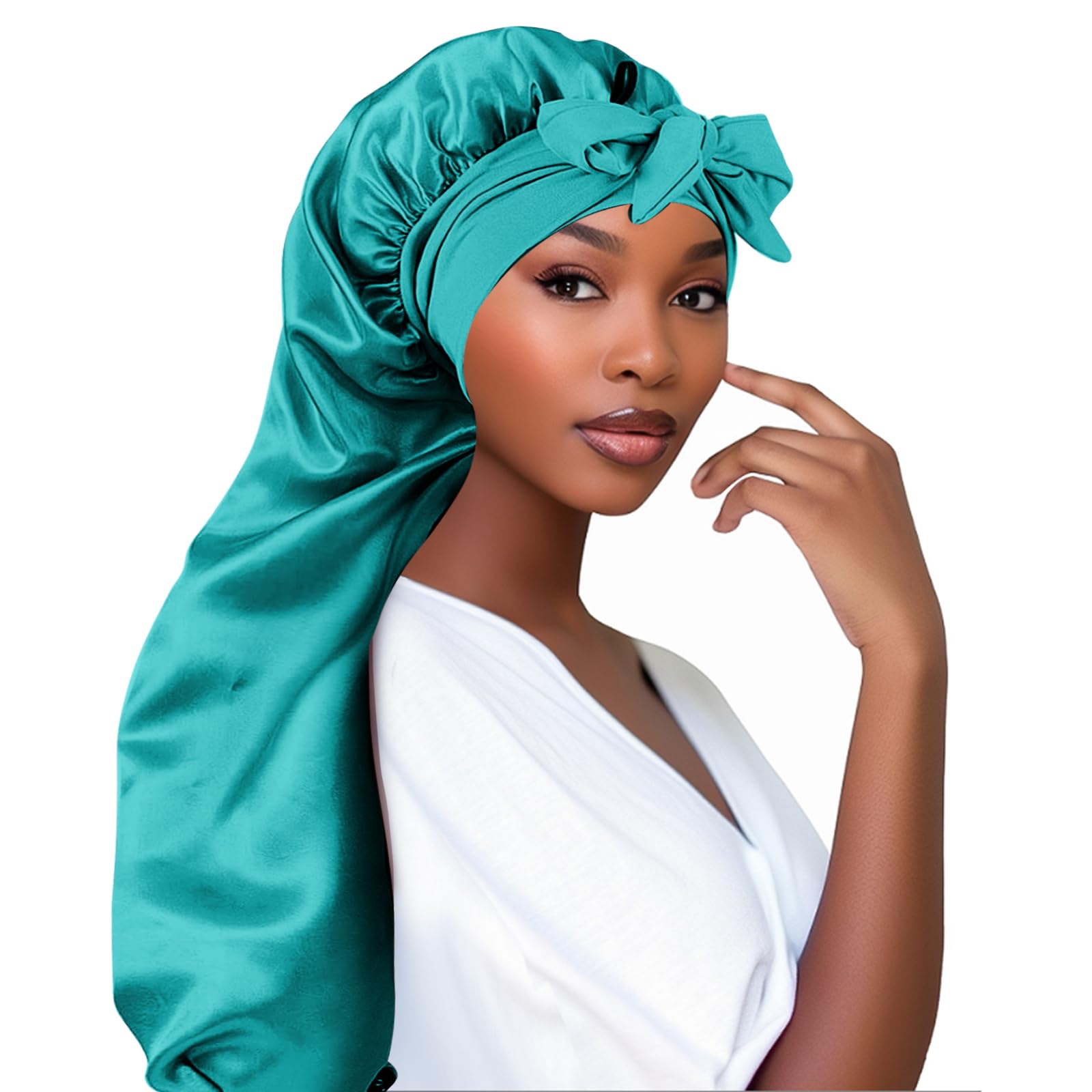 Adorila Extra Long Satin Bonnet for Women, Adjustable Braid Cap With Tie Band, Double Layer Elastic Silk Cap for Braids Hair Sleeping (Green)