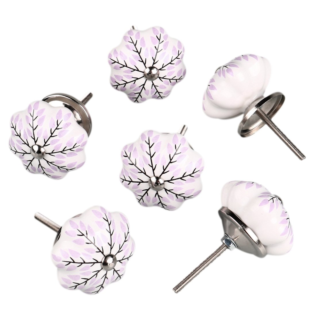 Sourcingmap 6 Pieces Vintage Shabby Knobs White Floral Hand Painted Ceramic Pumpkin Cupboard Wardrobe Cabinet Drawer Door Handles Pulls Knob, Pink Branches