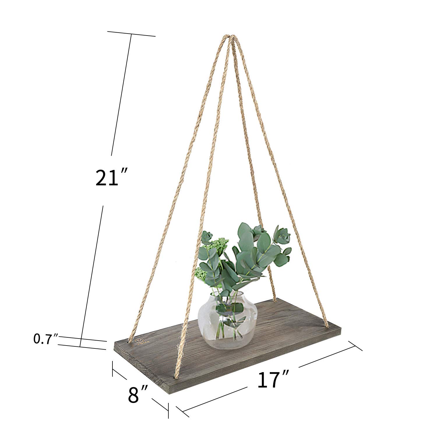 Y&ME Wood Rope Hanging Floating Shelves Set of 2, Rustic Wall Hanging Shelf with 4 Hooks,Wood Hanging Shelf for Living Room Bedroom Bathroom and Kitchen 17\