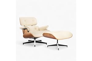 Tranqu Mid Century Chaise Lounge Chair and Ottoman Top Grain Leather Classic Accent Chairs 360° Swivel Base Quality Wooden Shell Lounge Chair for Living Room Study Reading - Ivory White/Walnut