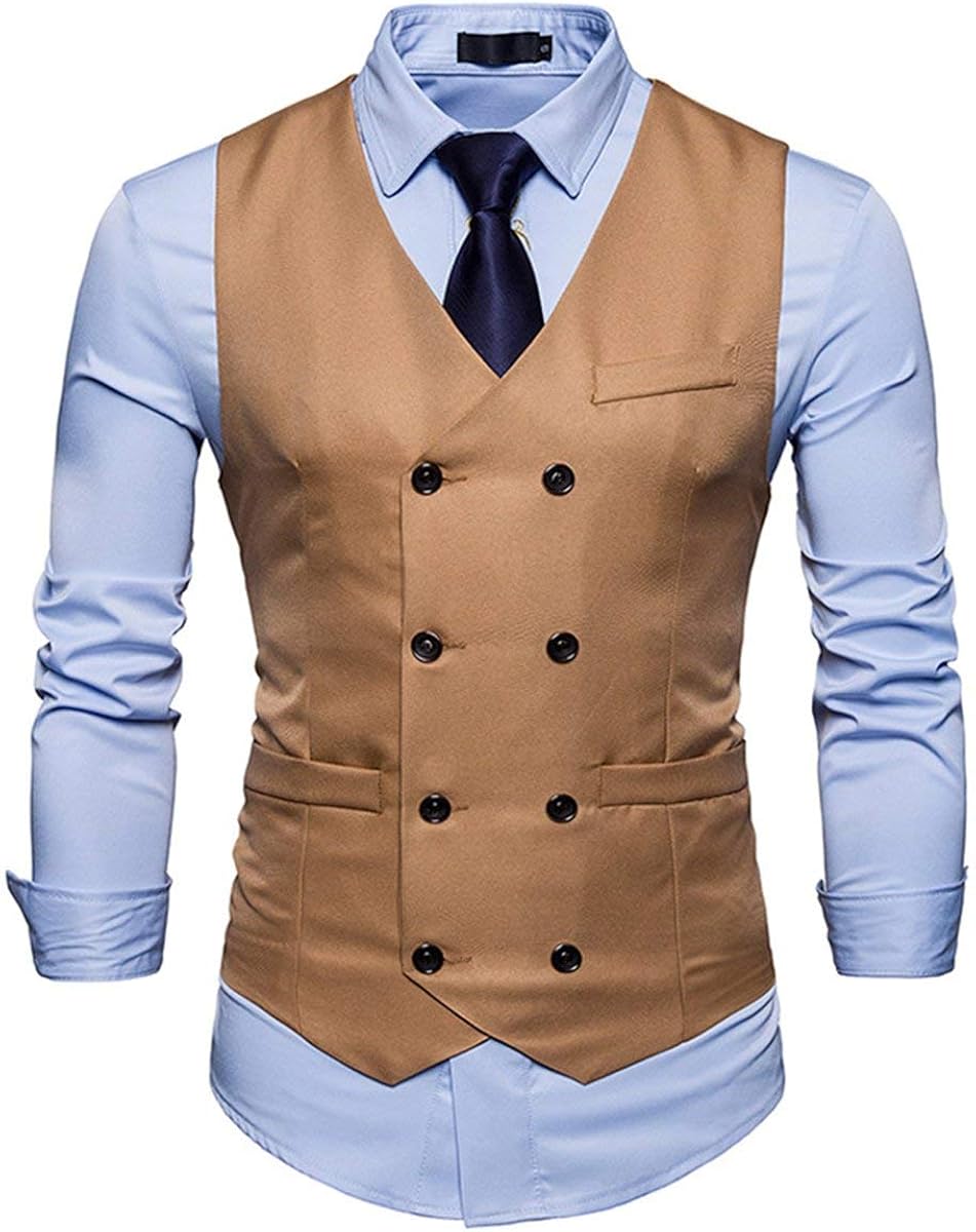 Amazon Ealmenn メンズ ジレ ベスト ダブルブレスト ビジネスベスト スリム カジュアル 無地 光沢 細身 紳士 尾錠付き