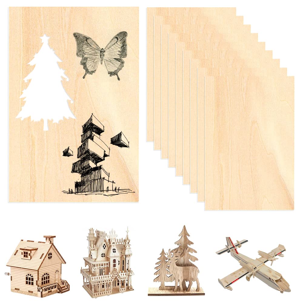 DIKEBAO 10Pcs Plywood Sheets 30x20cm Craft Plywood Sheets Unfinished Wood Boards Balsa Wood Sheets Square Wood Blanks DIY Craft Plywood Board for Crafts, Painting, Laser Cutting Engraving, Modelling