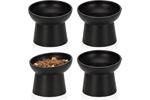 YauYik 4 Pcs Ceramic Raised Cat Bowls, Tilted Elevated Cat Food Bowl, Stress Free, Whisker Fatigue, Backflow Prevention, Dishwasher and Microwave Safe, Food and Water Feeding Bowls Set, Black