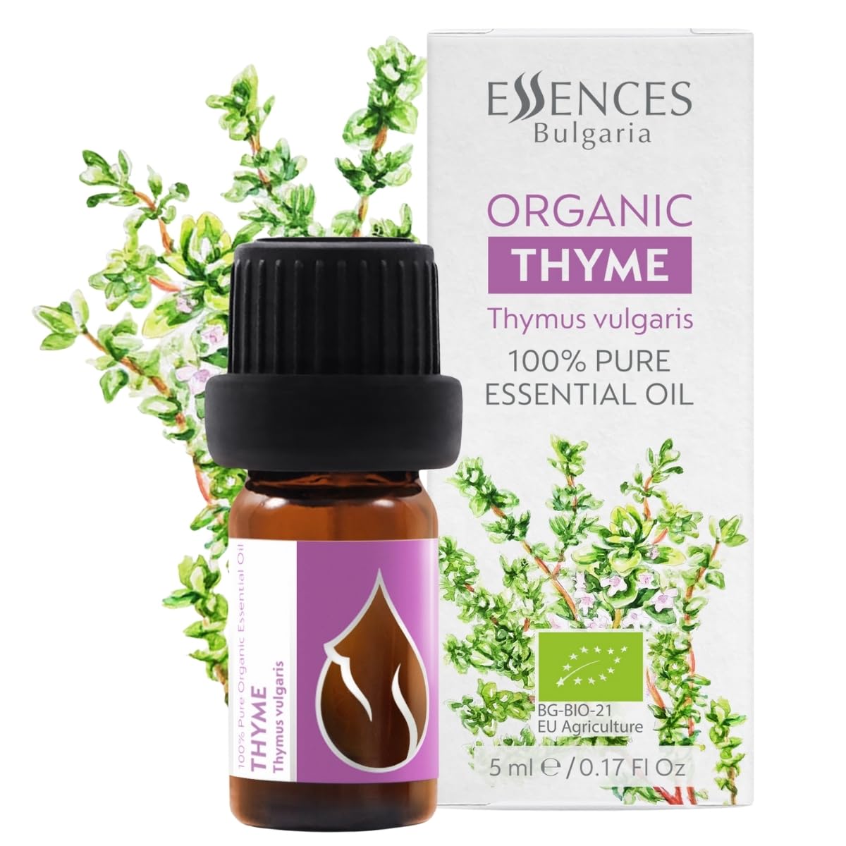 Essences Bulgaria Organic Thyme Essential Oil 5ml | Thymus vulgaris | 100% Pure and Natural | Undiluted | Therapeutic Grade | Family Owned Farm | Steam-Distilled | Non-GMO | Vegan