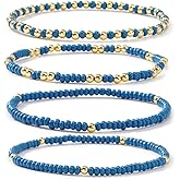 SHINUS BOHO Dainty Gold Beaded Bracelet Stack for Women,4PCS Bohemian Stretch Layered Blue Small Beads Stackable Bracelets Set Fashion Prom Holiday Party Accessories Gift Friendship
