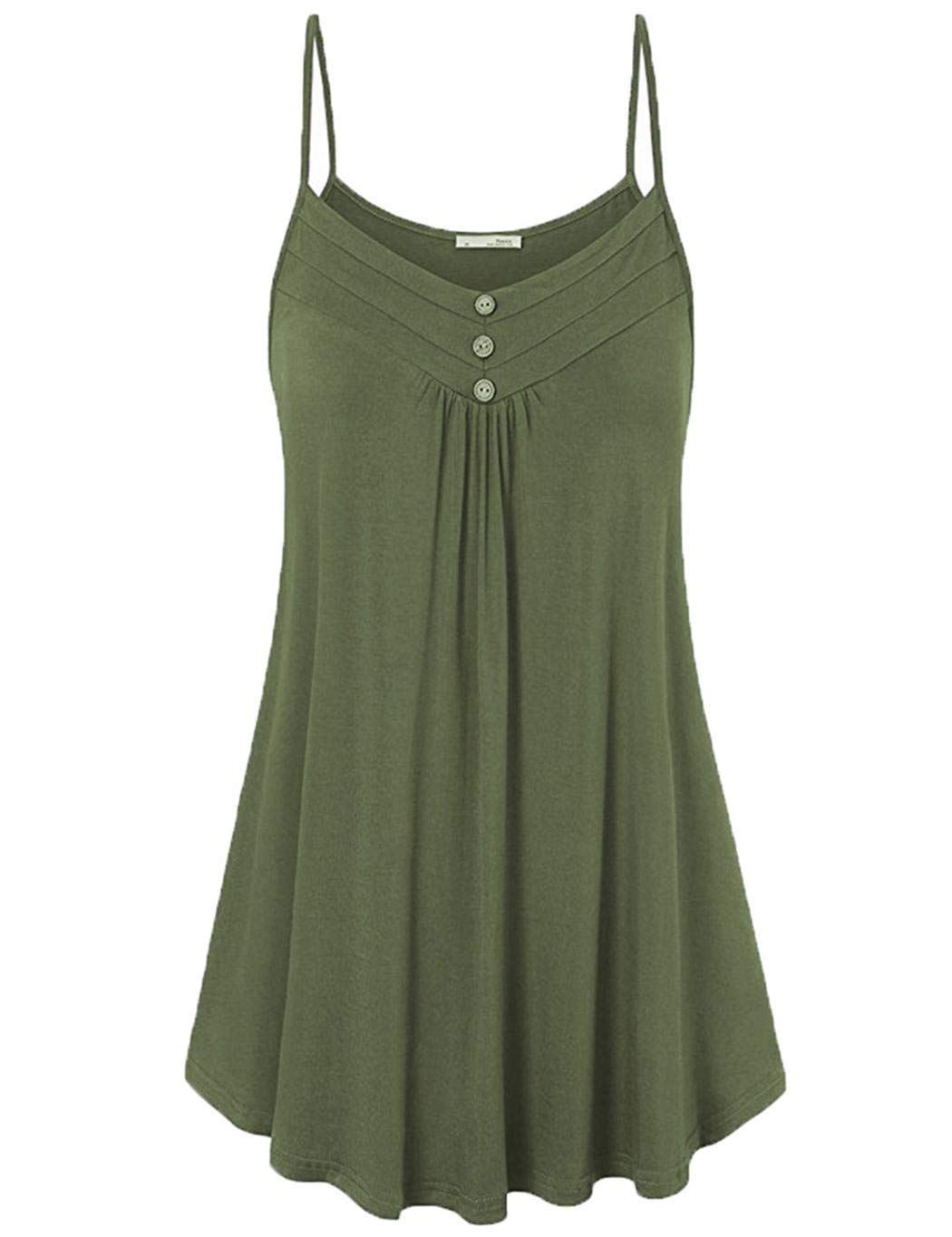 Zippem Women Casual Solid Spaghetti Strap Sleeveless Pleated Shirt Knits & Tees Army Green