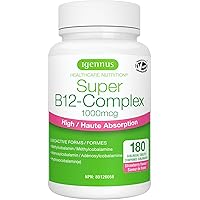 Igennus Sublingual Vitamin B12-Complex 1000mcg, Clean Methylated Methylcobalamin, 180 Servings, 3 High Absorption Forms, Suga