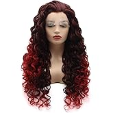 Meiyite Hair Curly Long 26inch Auburn Root Red Ombre Half Hand Tied Realistic Synthetic Lace Front Wigs