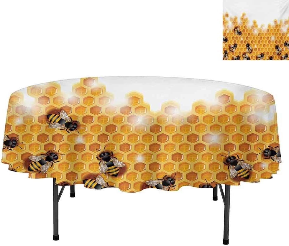 Aishare Store Spill-Proof Oil-Proof Microfiber Table Cover, Sweet Honey Bees Wax Abstract Insect of Spring Season Ar, Tablecloths for Dining, Kitchen, Wedding, Round 70", Apricot Marigold White