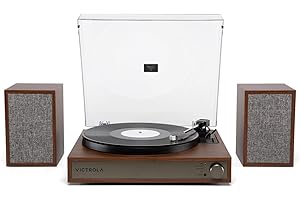 Victrola Harmony – Bluetooth Turntable System– 3-Speed Vinyl Record Player, Stereo Bookshelf Speakers, Mid-Century Modern Design, Audio Technica ATN3600L, Bluetooth Input and Output (Walnut)