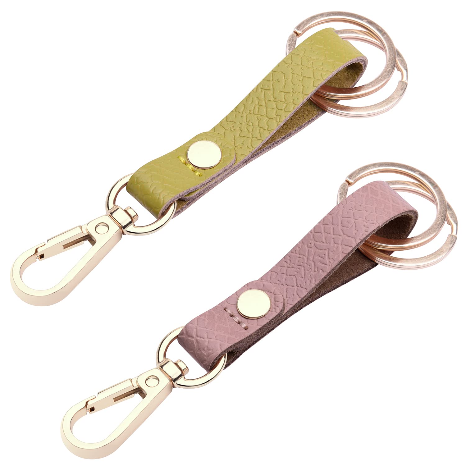 wisdompro 2 Pack Genuine Leather Keychain, Heavy Duty Key Chain with Belt Loop Clip and 2 Keyrings for Keys - Pink and Yellow-green