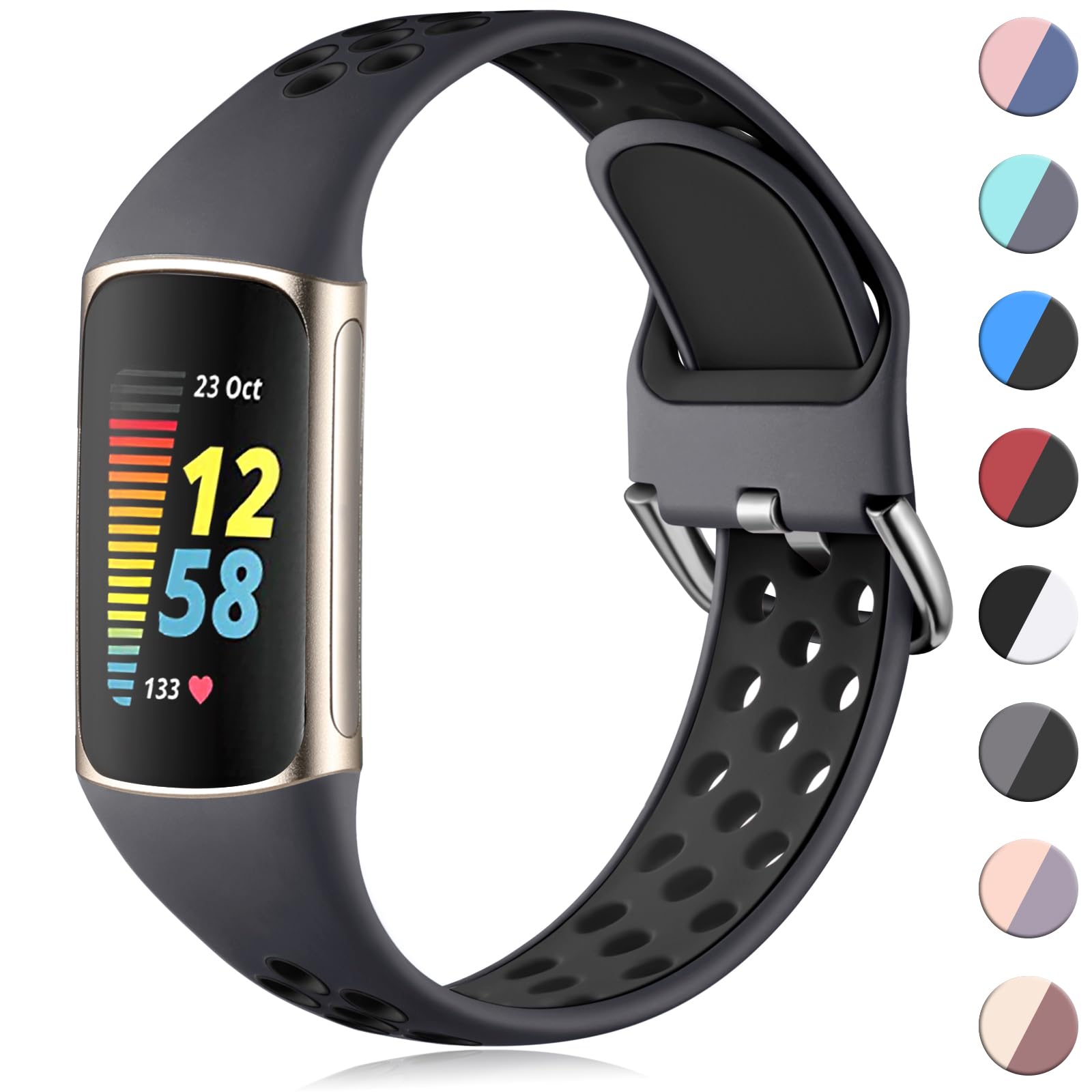 CeMiKa Sport Silicone Straps Compatible with Fitbit Charge 5/Fitbit Charge 6 Strap, Waterproof Soft Adjustable Breathable Sport Bands for Charge 6 Strap, Small Large