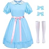 LUCKYBUNNY Women's Halloween Twin Costumes Blue Puff Sleeve Lolita Dress and Knee High Socks Creepy Sisters Cosplay Outfits