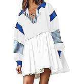 SAUKOLE Women’s Oversized Casual Sweatshirt Patchwork Dress Fall Long Sleeve Trendy Lapel Neck Pleated Mini Dress