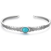 Nature Turquoise Cuff Bracelet for Women 925 Sterling Silver Geometric Tribal Motifs Boho Adjustable Bangle Cuff Vintage Southwestern American Jewelry Gift for Birthday