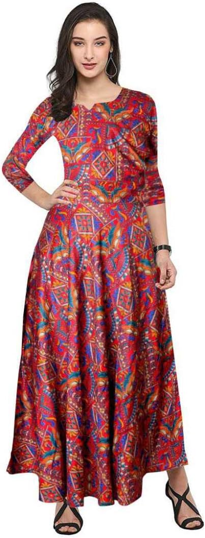 Women's Empire Rayon Nordic Jaipuri Print Ankle Length Red Dress - (Free Size Upto 44 Inch_XXL)