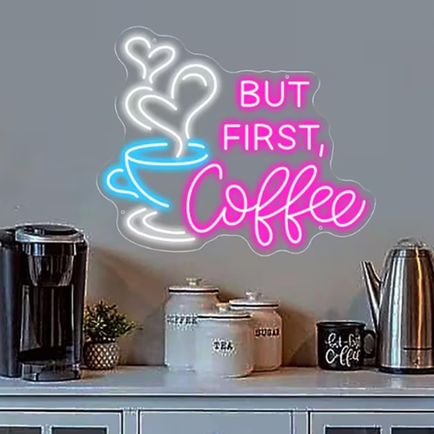 But First Coffee Neon Sign Large 5V USB Powered Acrylic Neon Lights with Dimmable Switch and Hanging Chain for Coffee Cafe Bar Party Living Room Sign Gifts 14 * 11.3inch(Pink)