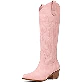 VIMISAOI Western Cowboy Boots for Women Knee High Wide Calf Cowgirl Boots with Embroidered Design Pull-On Pointed Toe Chunky Heel Retro Tall Boot