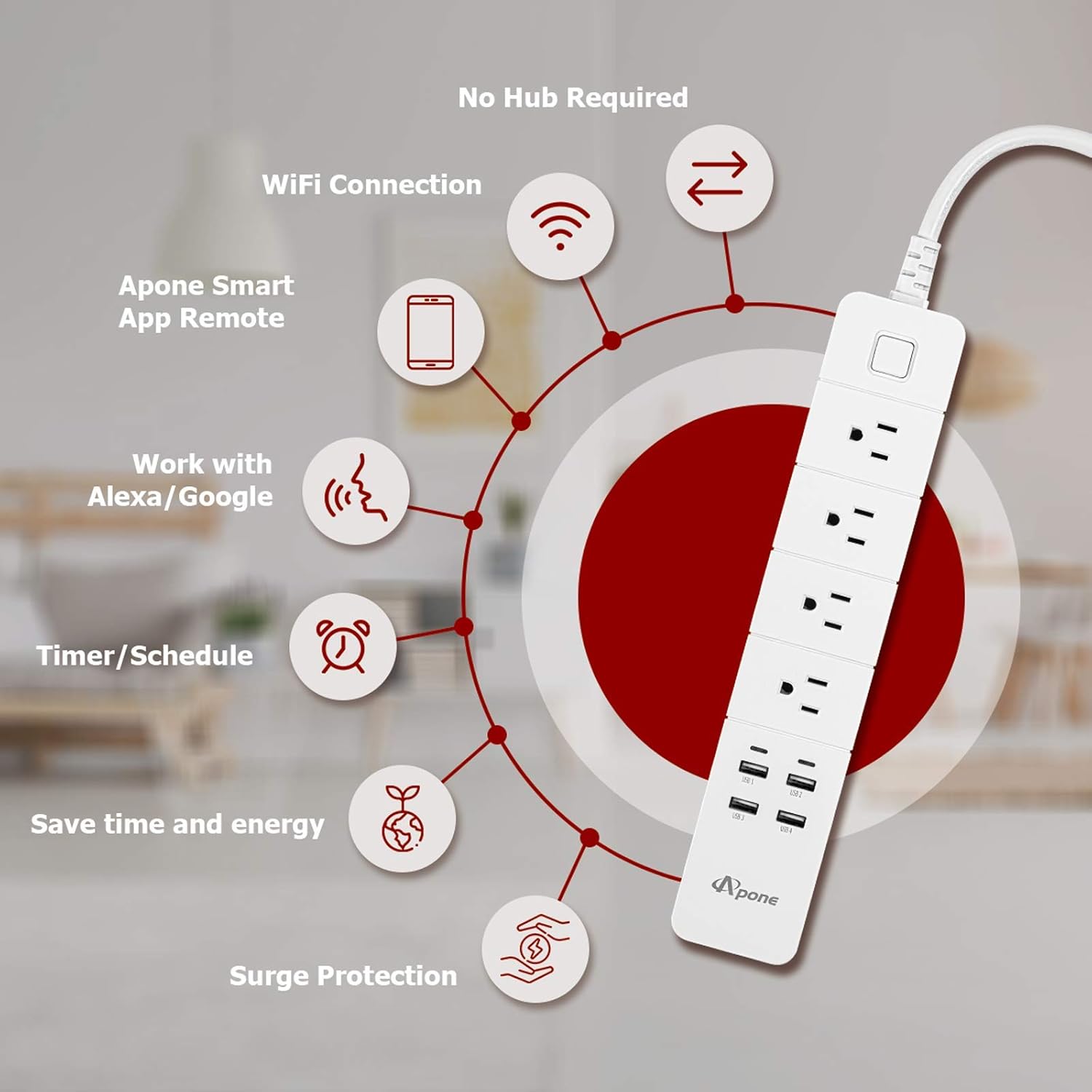 APONE Smart Power Strip, Smart Plug with 4 Outlets and 4 USB Ports, Voice Control Compatible with Google Assistant and Alexa, 5.90 ft Extension Cord, No Hub Required, Timing Schedule: Electronics