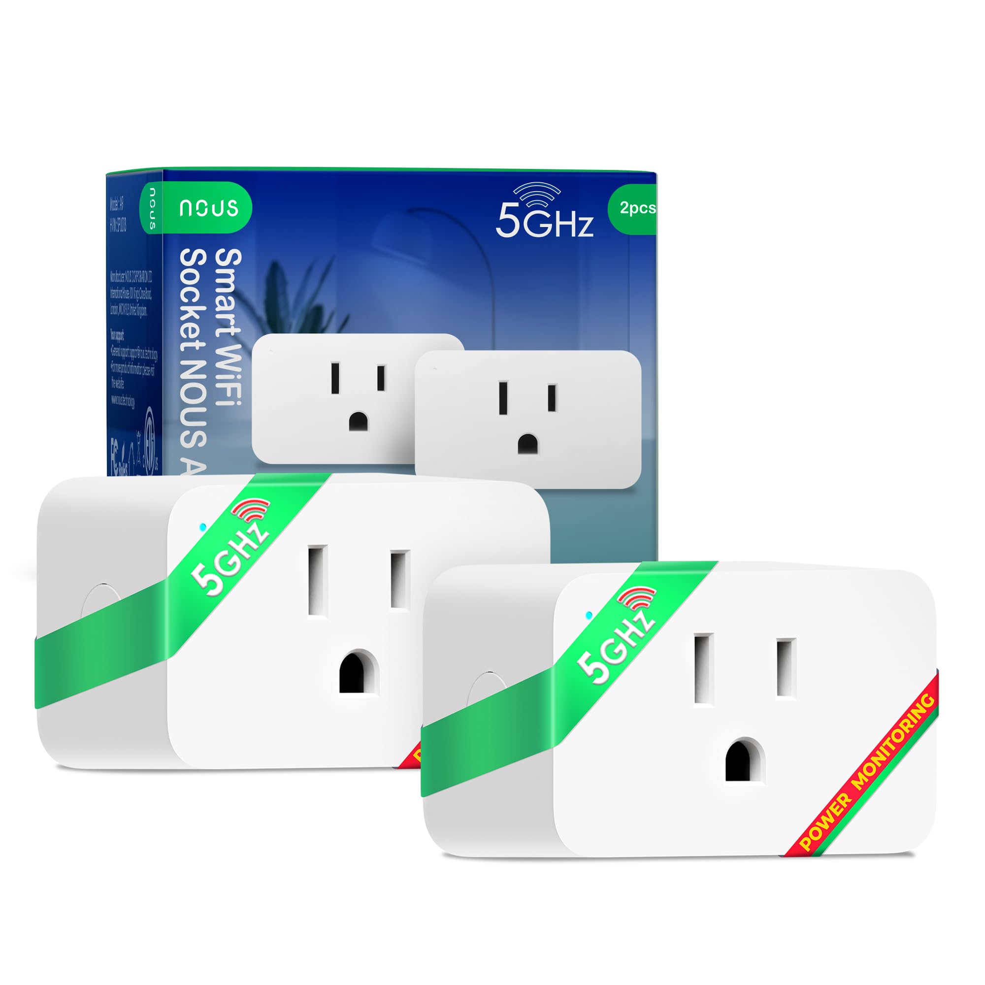 Photo 1 of NOUS Wi-Fi Smart Plug 15A, Dual-Band 2.4GHz & 5GHz, Energy Monitoring, Compatible with Alexa, Google Home, Tuya Smart App, Remote Control, Timer, Compact Design, Smart Outlet, 2 Pack
