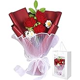 Penandatan Handmade Crochet Flowers Bouquet, Crochet Flowers with 3 Pcs Red Roses, Forget Me Not, Leaf, Daisy, Comes with Sophisticated Gift Bag, Perfect for Mother's Day
