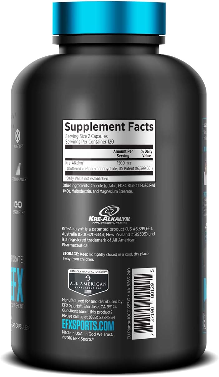 EFX Sports Kre-Alkalyn | PH-Correct Creatine Monohydrate | Multi-Patented Formula, Gain Strength, Build Muscle & Enhance Performance - 240 Capsules / 120 Servings…: Health & Personal Care