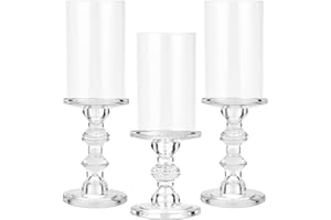 CHILL RECIPE Hurricane Candle Holder Glass Pillar Candle Holder Set of 3, Tall Big Wide Taper Candlestick Candle Holder with Chimney for Christmas Decoration Wedding Table Dinning Church Centerpiece
