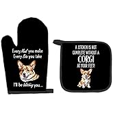 FIicy Corgi Gifts Dog Oven Mitts and Pot Holders Sets, Corgi Gifts for Corgi Lovers Kitchen Accessories Sets, Complete Without a Corgi Dog Black Heat Resistant Oven Glove Potholder for Kitchen Baking