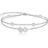 MANBU Birthstone Birth Flower Bracelet for Women: Sterling Silver double Layer Chain Birthstone Bracelet Birthday Gift for Teen