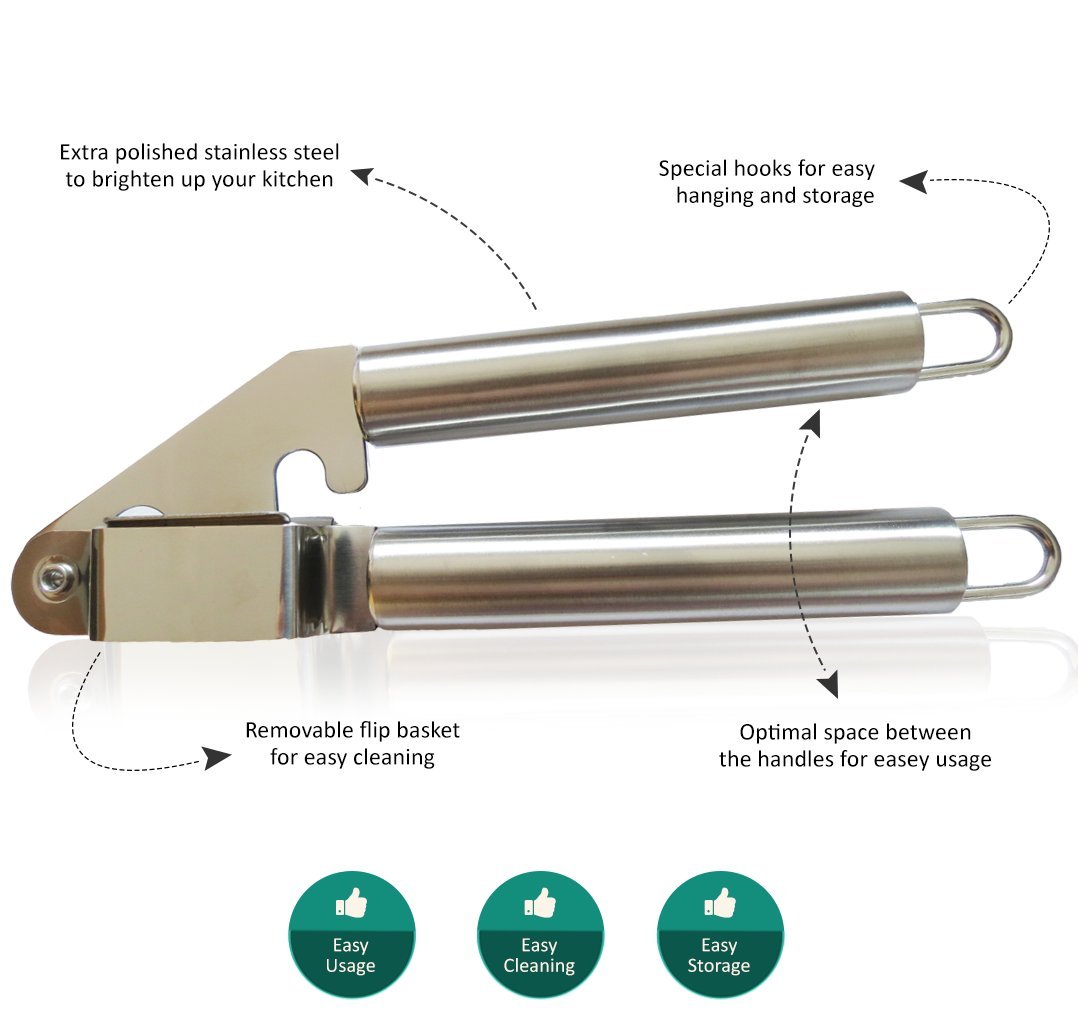 Garlic Press and Peeler Best Set. Stainless Steel Kitchen Minced Garlic Cloves Crusher + Silicone Peeler / Fruit Squeezer Utensils Cooking Tools