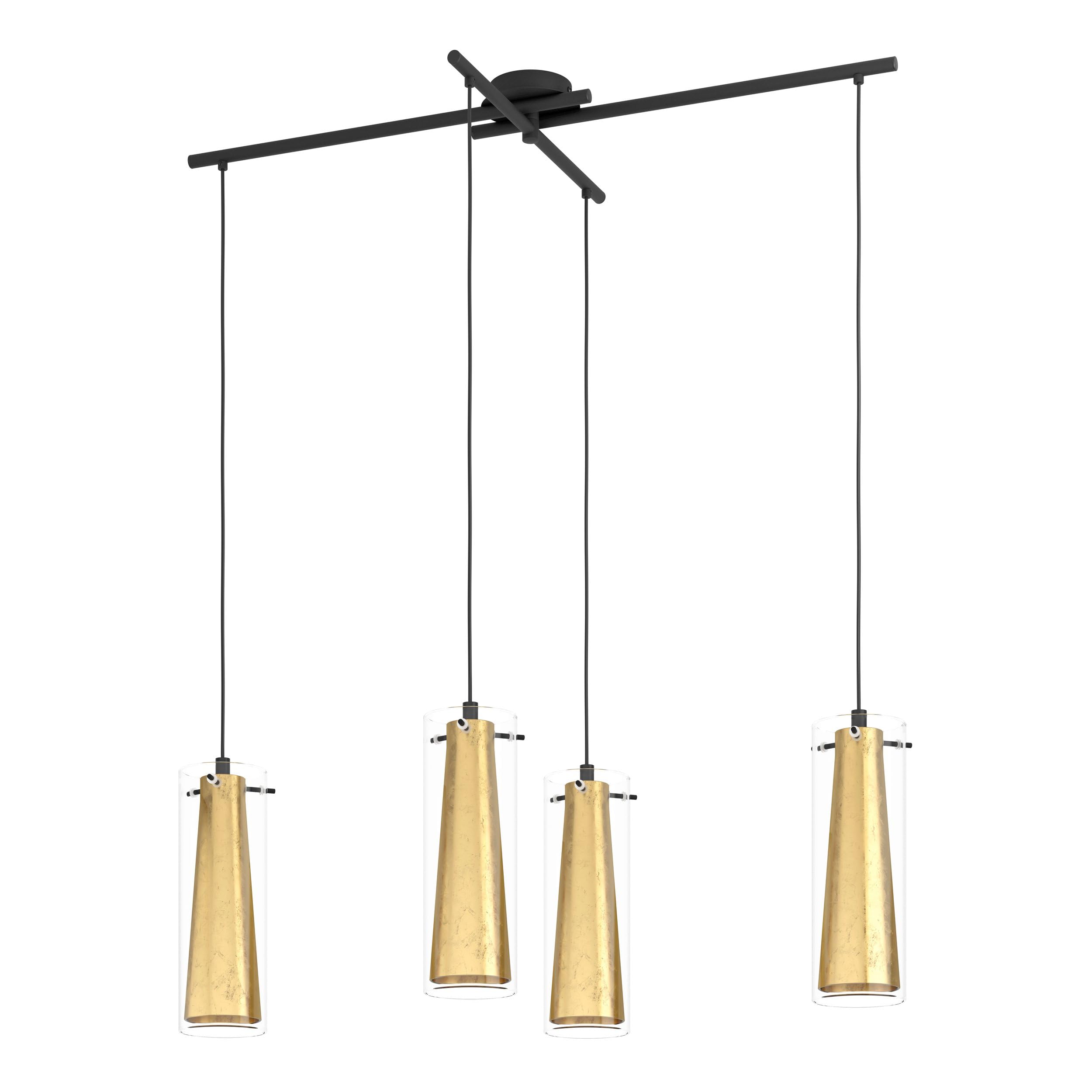 Eglo Pinto Pendant Lamp Gold, 4-Light Hanging lamp, Dining Room Light Made of Black Metal and Transparent and Gold Glass, E27 Socket