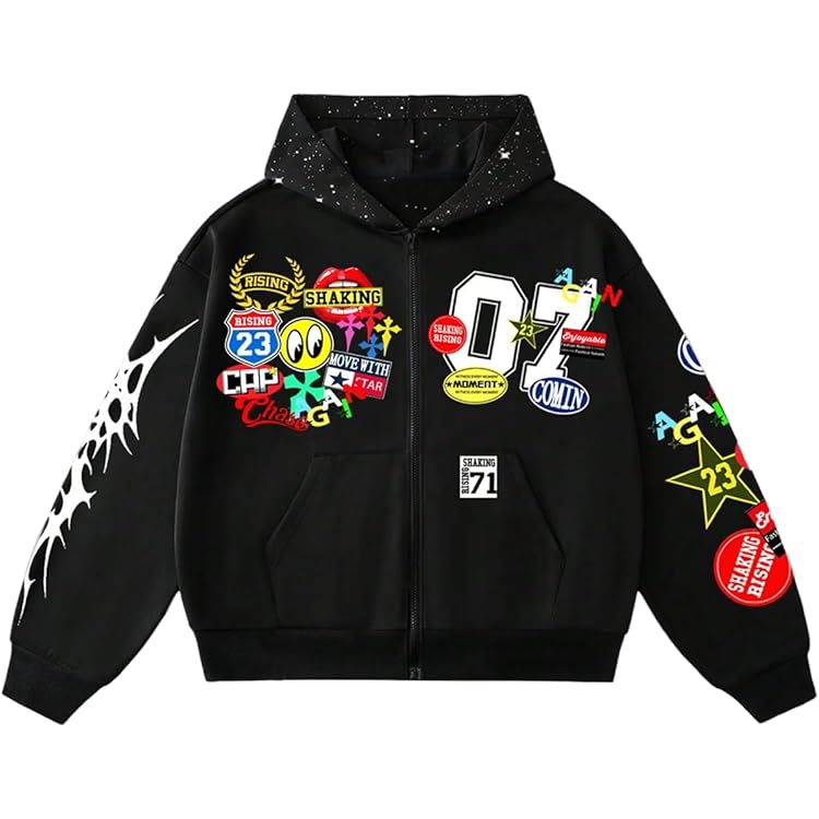 NJNJGO Unisex Rhinestone Graphic Gothic Y2K Jacket Full Zip Up