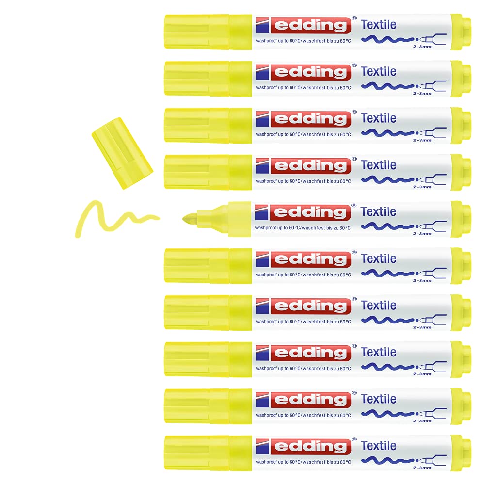 edding 4500 textile marker - neon yellow - box of 10 - round nib 2-3 mm - permanent fabric markers for drawing on textiles, wash-resistant up to 60 °C - marker pens for fabric lettering