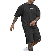 Epoleatries Men's 2 Piece Outfits Letter Drop Shoulder Oversize Tee Shirt Shorts Set Athletic Jogging Summer Tracksuit