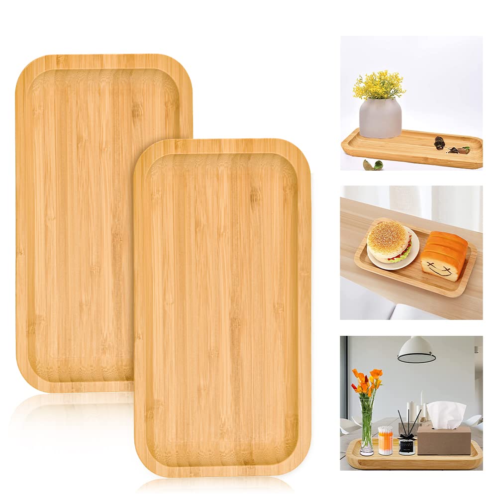 BUENTYA 2-Piece Bamboo Tray - Rectangle Wooden Serving Plates for Tea, Coffee, Cake, Snacks