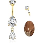 LOAYHOAY 14G G23 Pure Titanium Dangle Belly Button Ring for Women Dangling CZ Navel Ring Teardrop Curved Barbell Belly Rings Internally Threaded Belly Piercing Jewelry