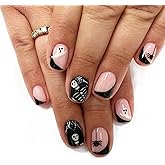 Vopintpy Funny Ghost Skull Spider Fake Nails Short Square Halloween Press on Nails Glossy Black French Tip Acrylic Nails Day of the Dead Glue on Nails Reusable Stick on Nails for Women DIY Manicure