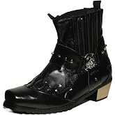 HOUDBDOL Men'S Buckle Style Denim Belt Boots Suit Style Denim Boots Pointed Metal Design Classical Embroidery - Zipper Style Wearing Method Ankle Boots Men'S Fashionable Block Heeled Boots