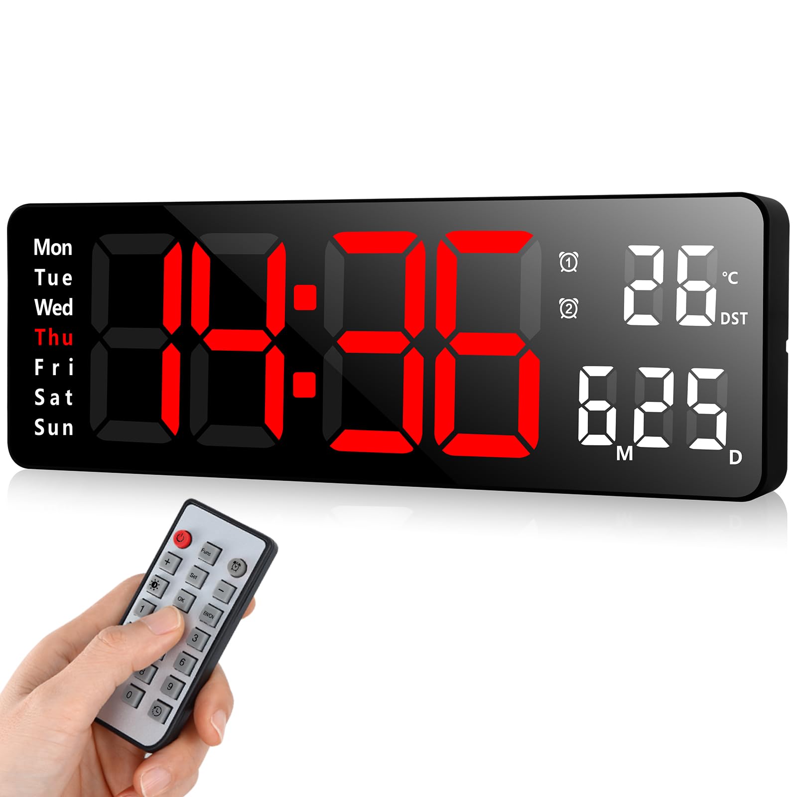 Fuloon Digital Wall Clock, 13 inch Adjustable Brightness Large Display Digital Alarm Clock with Remote Control, Countdown Clock with Date, Week, Temperature(Plug In Electricity) — image 1