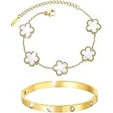 Srazeyo Women's 18K Gold-Plated Lucky Clover Flower Stackable Bracelet 2-Piece Set with Cubic Zirconia Gold Bracelet Fashionable Gift for Christmas, Valentine's Day and Birthday