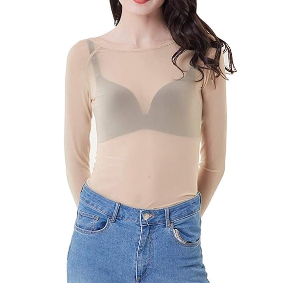 Zimuuy Damen Frühling Bluse, Frauen Durchsichtige Langarm Nahtlose Arm Shaper Top Mesh Shirt
