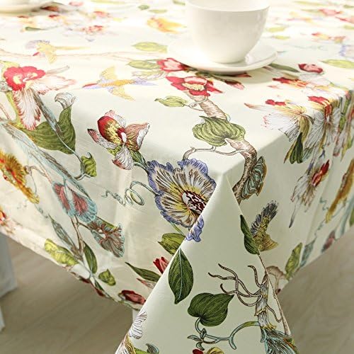 Cotton Linen Printed Tablecloth with Flower and Bird, Machine Washable, Holiday, Dinner Solid Tablecloth 55 x 72 inch,White