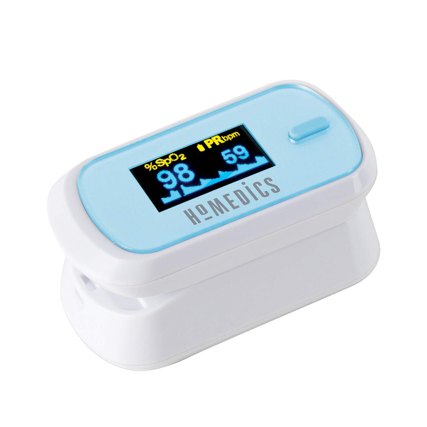 HoMedics Fingertip Pulse Oximeter - Measures Oxygen Saturation, Pulse Rate, Perfusion Index and Pulse Bar, Large, Dual Colour, Easy to Read OLED Display, Portable - Batteries Included