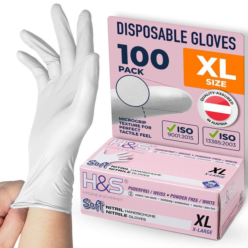 ISC Hygiene & Safety Nitrile Gloves 10 XL XLarge White Box of 100 Powder Free Latex Free eudermic Disposable Examination Gloves nonsterile ambidextrous Commercial use