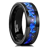 King Will Black Tungsten Wedding Band for Men Women -8mm Flat Polished Edge Ring with Large Blue, White & Abalone Shell Inlay, Men's Tungsten Carbide Wedding Ring Comfort Fit Size 7-14