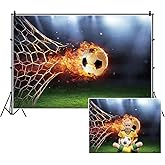 DORCEV Passionate Soccer Backdrop 7x5ft Boys Football Theme Birthday Party Background Red Flame Soccer Ball Green Grass Kids Adults Sports Club Party Photography Props